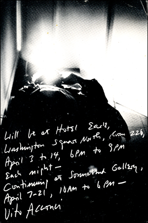 Vito Acconci : Will be at Hotel Earle, Washington Square North, Room 226 ...