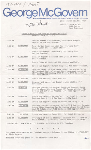Press Schedule for Senator George McGovern