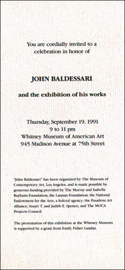 Invitation to a Celebration in Honor of John Baldessari and the Exhibition of His Works