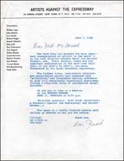 Artists Against the Expressway / Letter from Donald Judd to Fred McDarrah