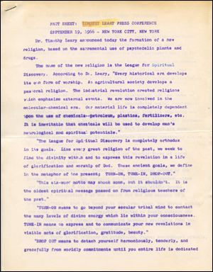 Fact Sheet : Timothy Leary Press Conference / September 19, 1966 - New York City, New York