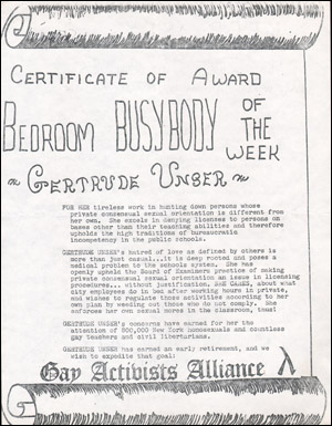 Certificate of the Week Bedroom Busybody / Keep Sex Out of the Classroom / Board of Examiners Makes Sexuality an Issue