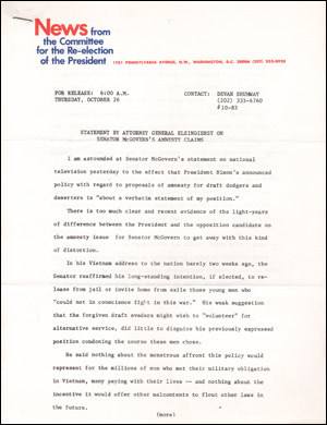 News from the Committee for the Re-election of the President : Statement by Attorney General Kleindienst on Senator McGovern's Amnesty Claims