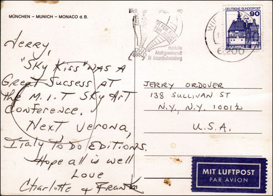 Postcard from Charlotte Moorman and Frank Pileggi to Jerry Ordover