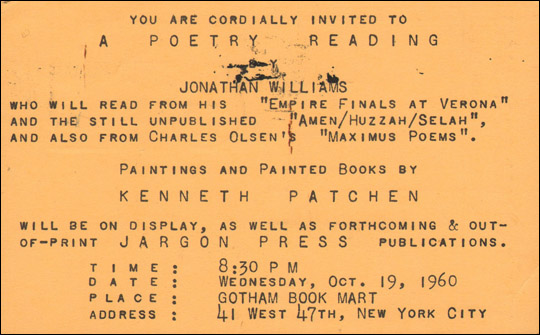 Postcard Invitation to a Poetry Reading by Jonathan Williams at the Gotham Book Mart