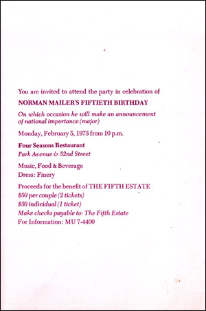 Invitation to Norman Mailer's Ticketed Fiftieth Birthday Party to Benefit The Fifth Estate